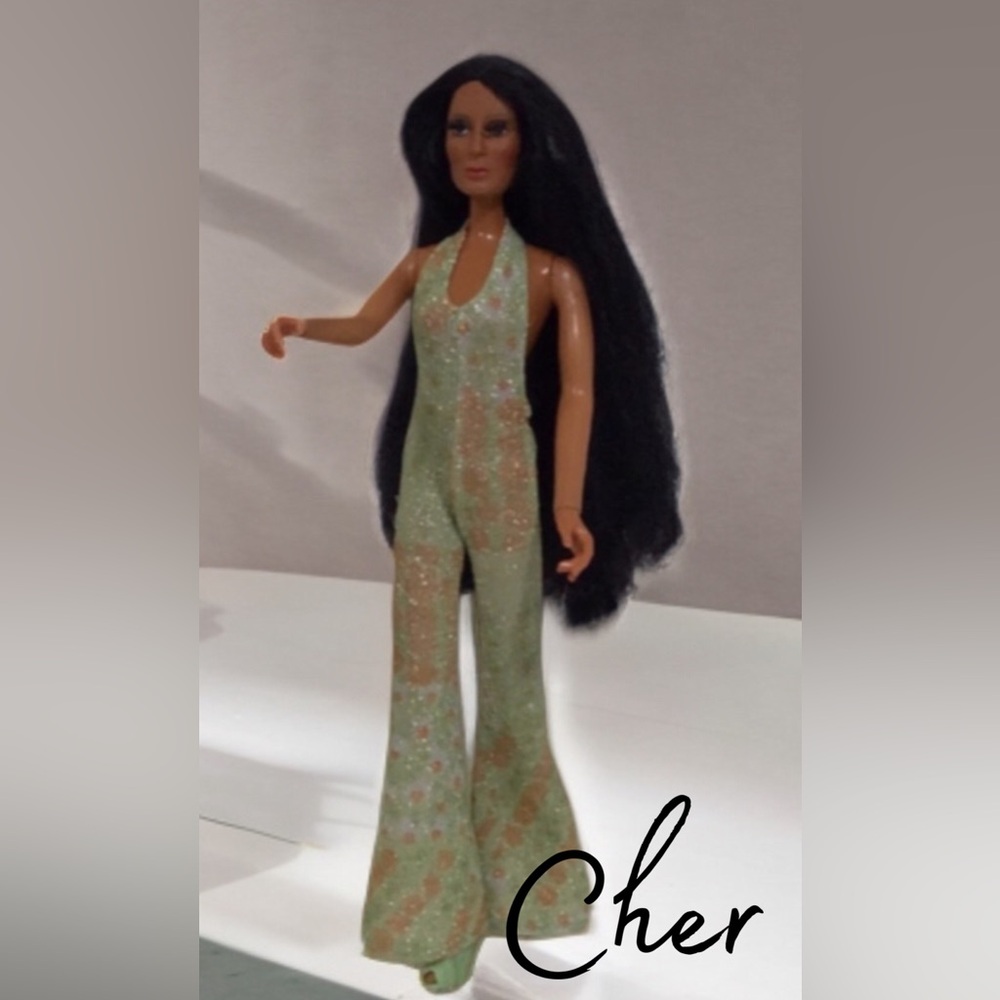 CHER 12” Doll Vintage 1975 Metallic Green Halter Bellbottom Jumpsuit MEGO Corp